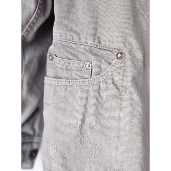 Free People Moonchild Denim Jacket Green Distressed Raw Hem Size XS A0067 - Picture 5 of 5